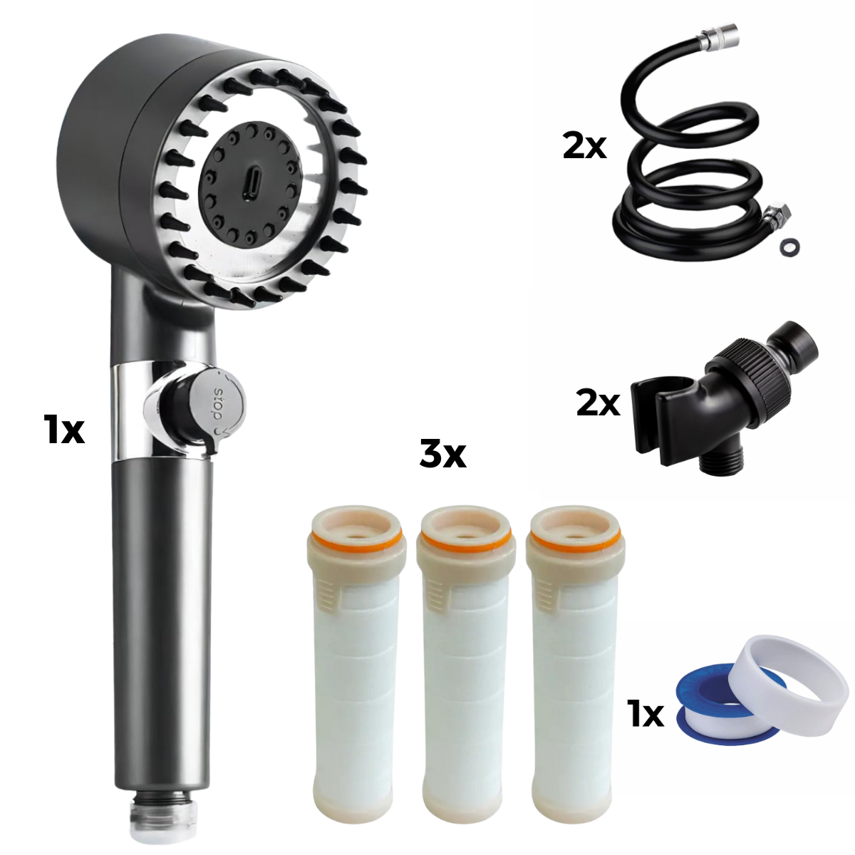 Douchekop + 2x slang + 2x adapter + 3x filter + teflontape